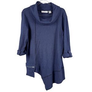 Vintage Bleu Bayou Women's Cowl Neck Tunic Top Blue Size Medium Asymmetrical Hem